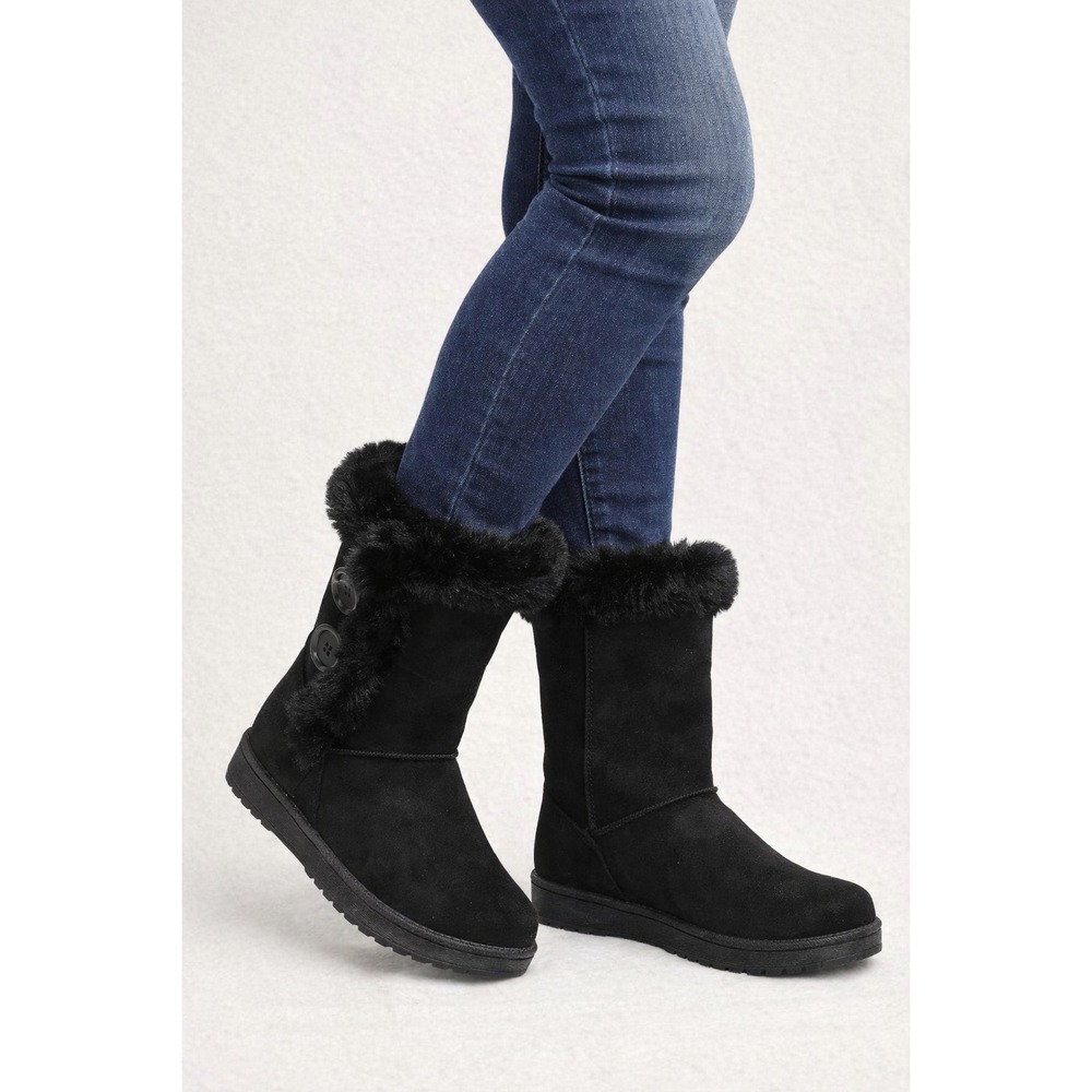 OS Womens Black Faux Fur Mid Calf Winter Boots Button Detail Warm Size 6
